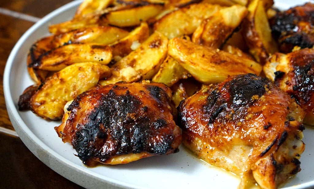Garlic and Pepper Crusted Chicken Thighs w/Potato Wedges