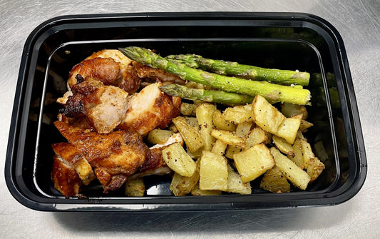 Honey Mustard Chicken Thighs with Asparagus & Roasted Potatoes