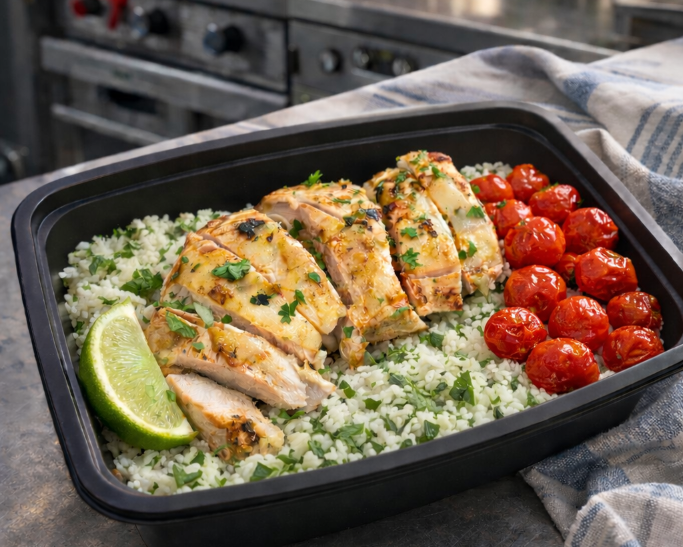 Salsa Verde Chicken w/Cilantro Lime Rice and Blistered Tomatoes
